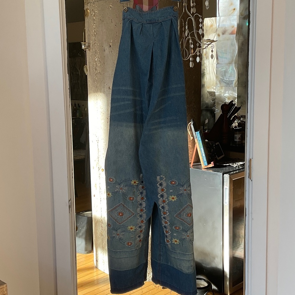 Embroidered Wide-Leg Denim Overalls